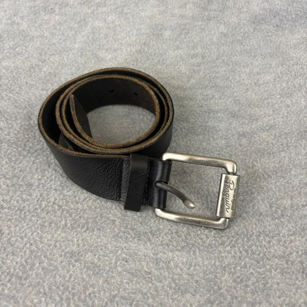 Original Penguin Belt Mens 34 Black Full Grain Cowhide Leather Silver Buckle